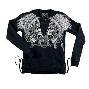 Affliction Shirt Womens Small Lace Up Skull Biker Graphic Long Sleeve Y2K USA